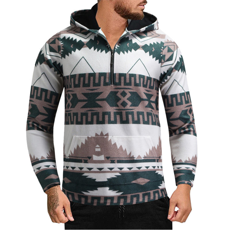 Beakey Mens Tribal Hoodie with Pocket Aztec Printed 1/4 Zip Sweatshirt