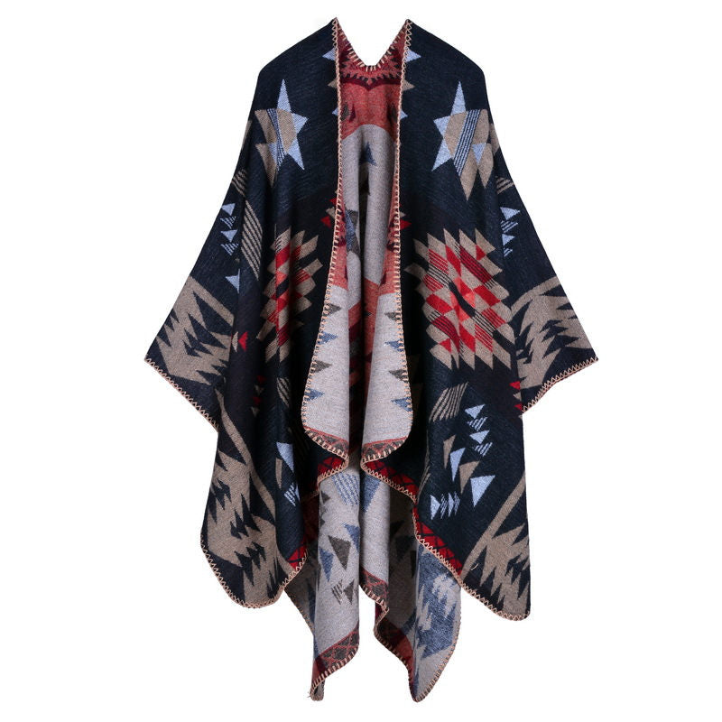 Beakey Womens Winter Reversible Oversized Blanket Cape Shawl-Star Flower
