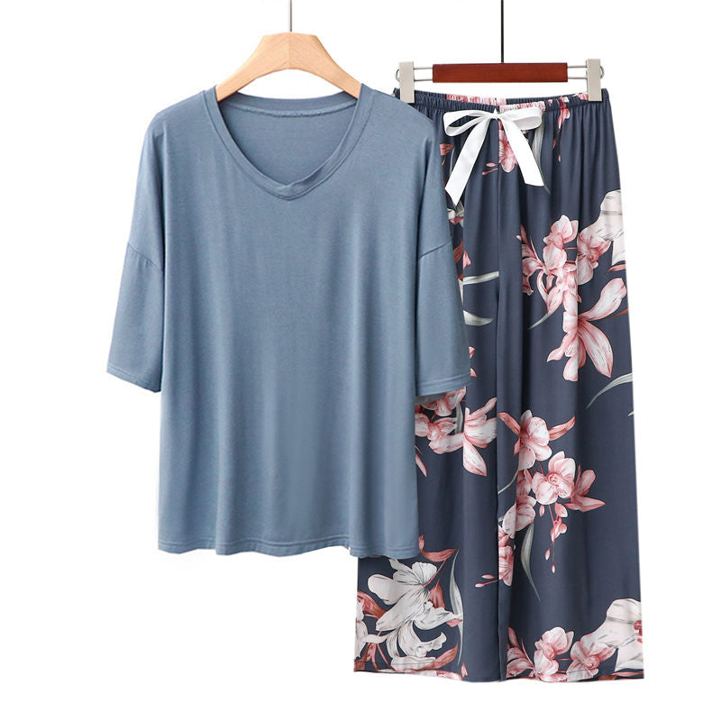 Beakey Womens Pajama Set Print Sleepwear Soft V-Neck Short Sleeve Top With Pants-31