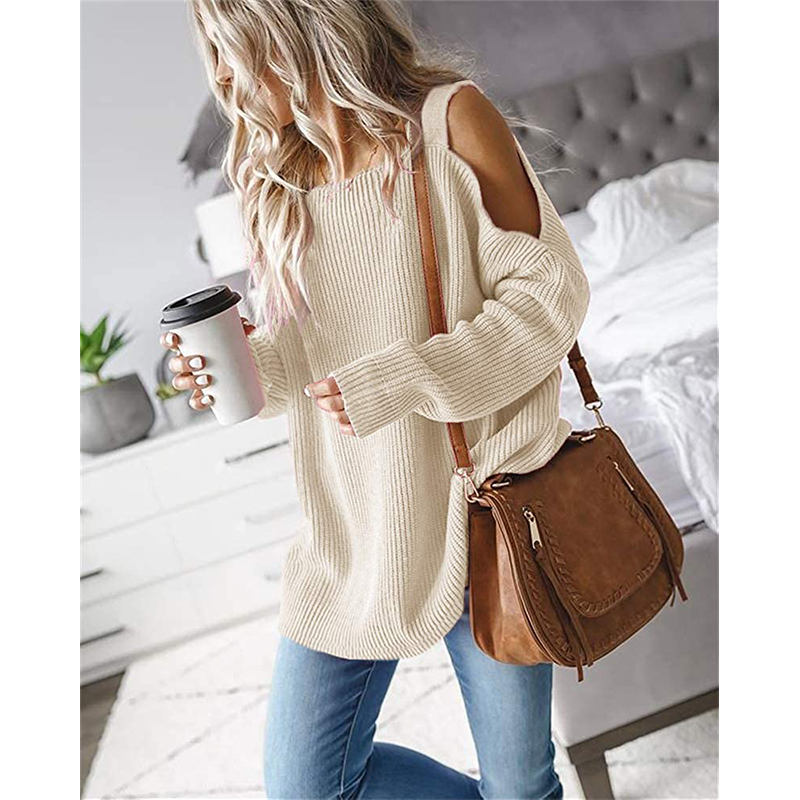 Beakey Womens Off Shoulder Oversized Sweater Fashion Knit Tunic Tops-Beige