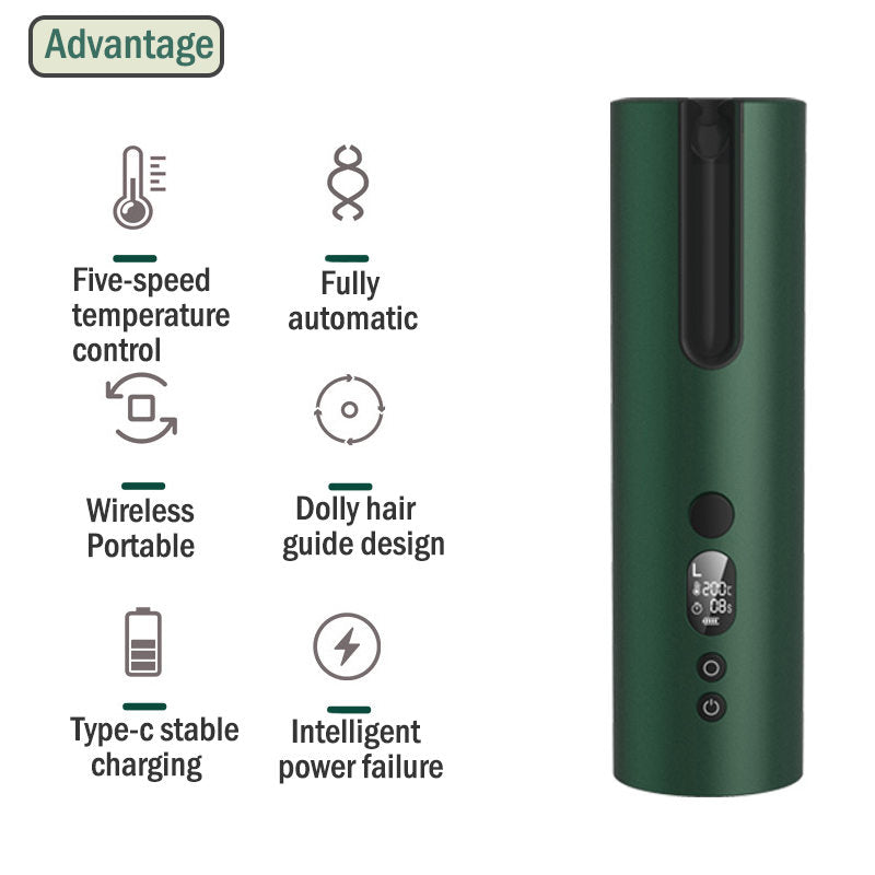 Beakey Auto Hair Curler Cordless Rechargeable LCD Display with 5 Temps-Green