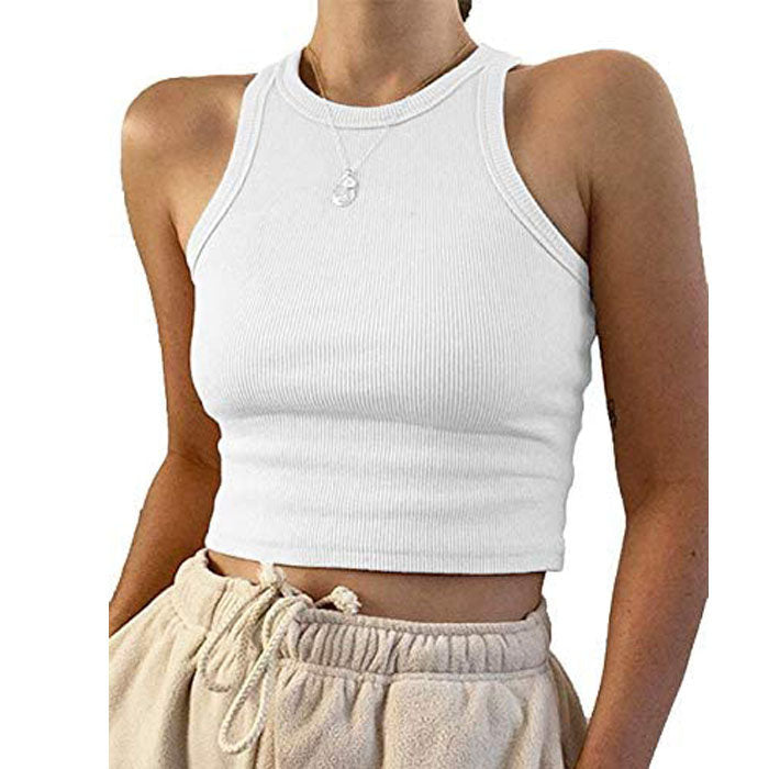 Beakey Vest For Women Notch Sleeveless Summer Ribbed Short Leaking Belly Tank Tops-White-3011