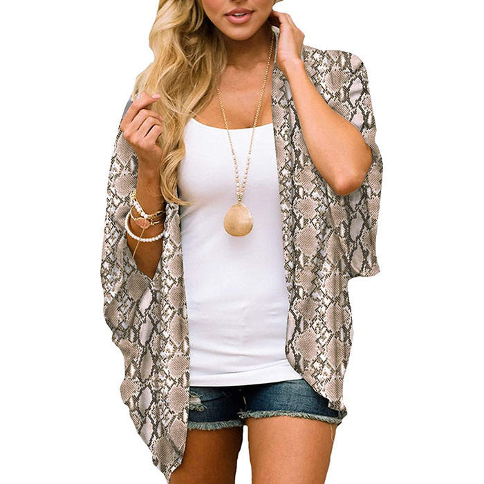 Beakey Women's Summer Floral Print Kimonos Loose Half Sleeve Chiffon Cardigan Blouses Casual Cover Up - Serpentine