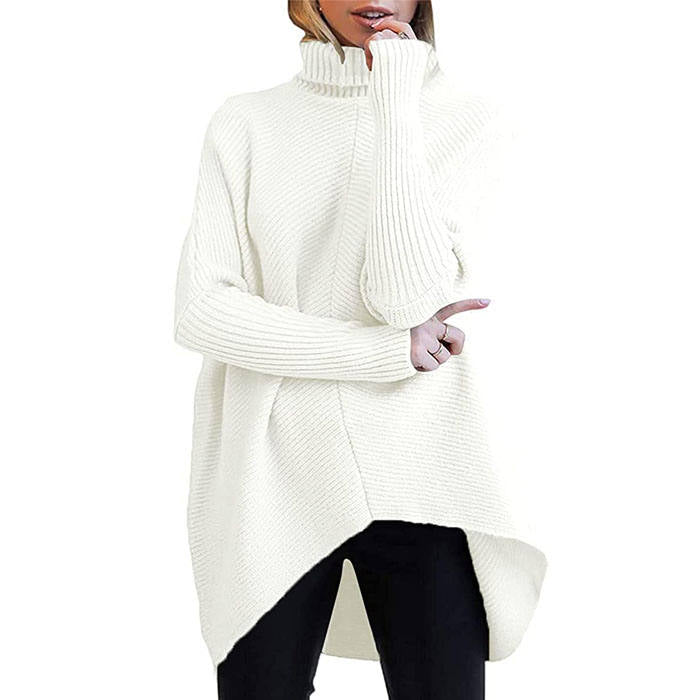 Beakey Womens Turtleneck Long Sweater Batwing Sleeve Asymmetric Hem Pullover Knit Tops-White-YY528