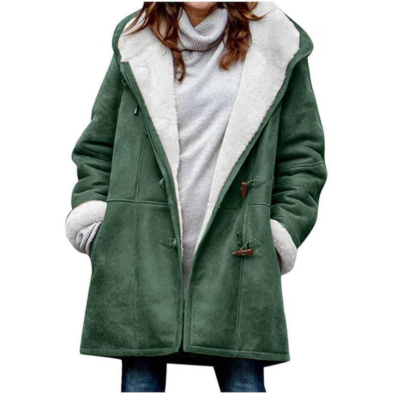 Beakey Fleece Jackets for Women Horn Button Winter Hooded Outwear-Grass Green