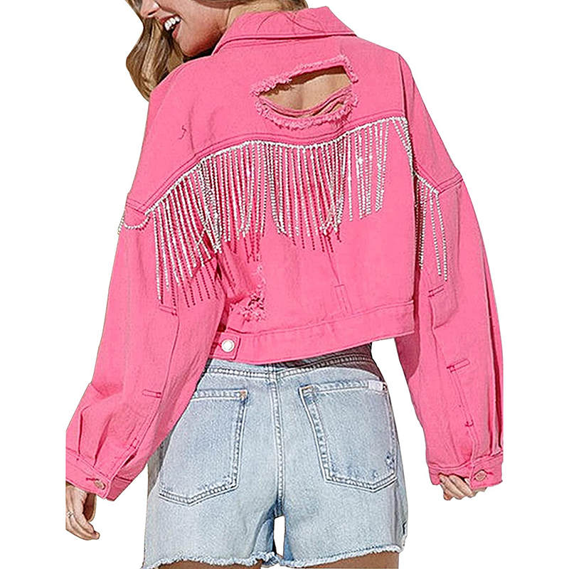 Beakey Womens Denim Jacket with Fringe Rhinestones Crop Casual Coat-RoseRed