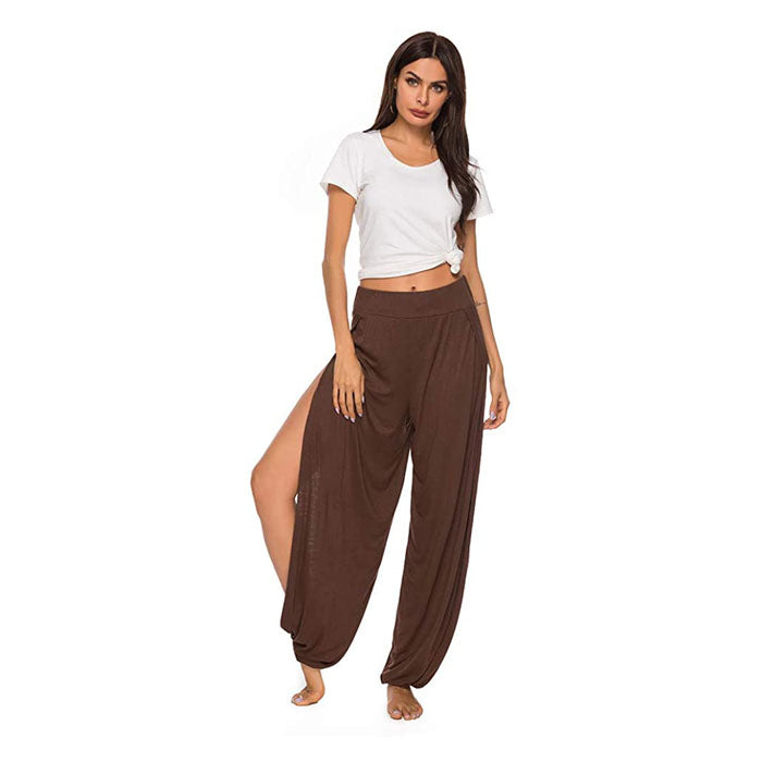 Beakey Women's Yoga Harem Pants Casual Loose Side Slit Hippie Long Pants-Brown-8006
