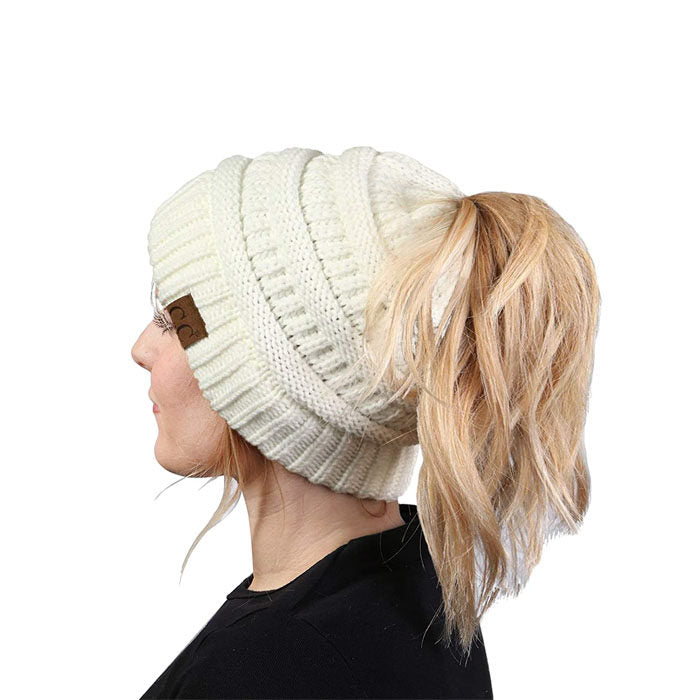 Beakey Soft Stretch Cable Knit Hat Ponytail Beanie Winter Hat For Women-White