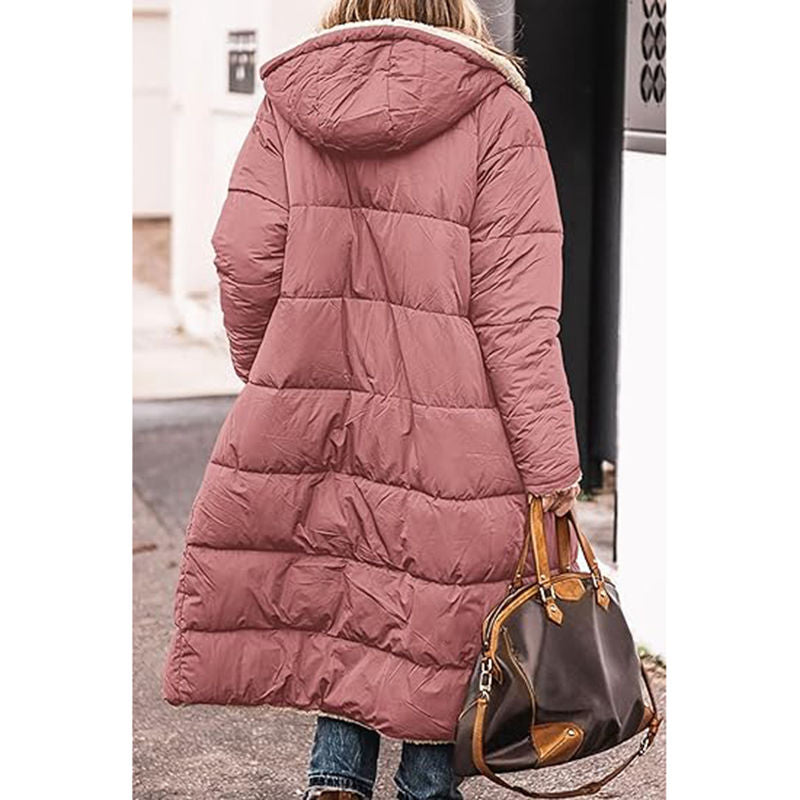 Beakey Womens Long Coats with Hood Fleece Lining Oversized Jackets-Pink