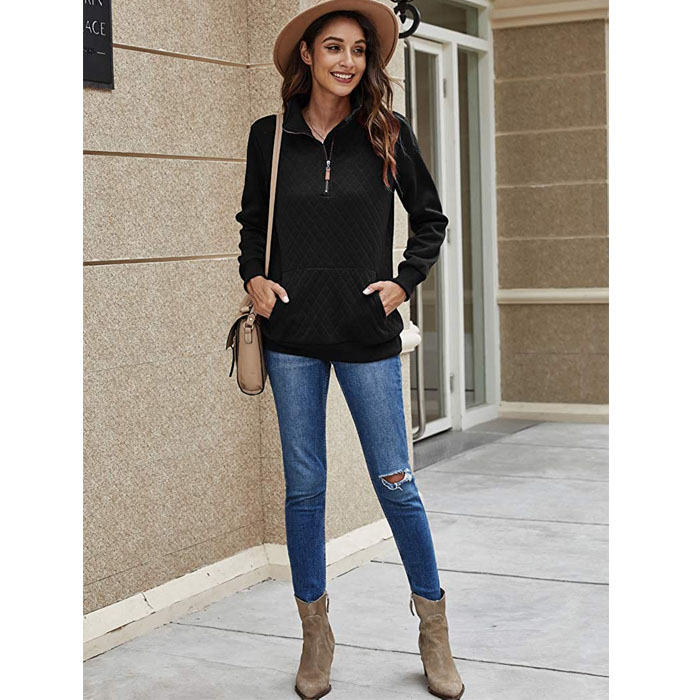Beakey Women 1/4 Zipper Long Sleeve Plain Casual Sweatshirts Pullovers Shirts Tops-Black