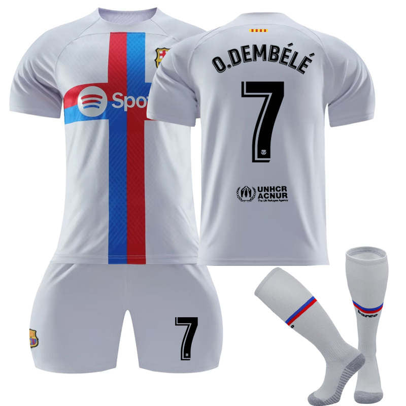 Beakey FC Barcelona Second Away Jersey 2022-23 O.DEMBELE #7 Soccer Jersey Kids Adult 3-Pieces Jersey Kits
