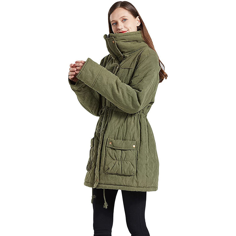 Beakey Women's Mid Length Winter Coat Thickened Warm Lamb Wool Lined Jacket-Army Green