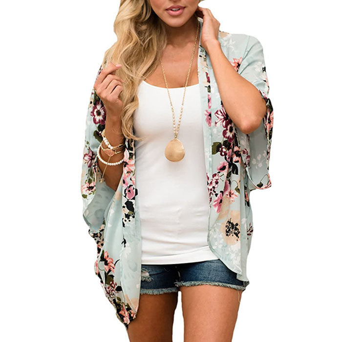Beakey Women's Summer Floral Print Kimonos Loose Half Sleeve Chiffon Cardigan Blouses Casual Cover Up - Light Green