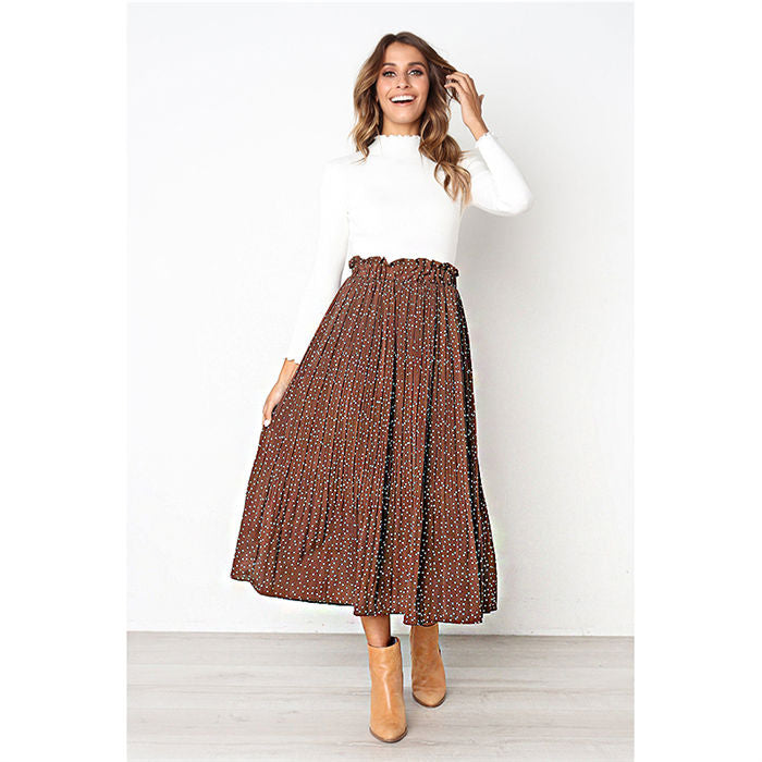 Beakey Womens High Waist Skirt Polka Dot Pleated Midi Maxi Swing Skirt High Elastic-Coffee-0387