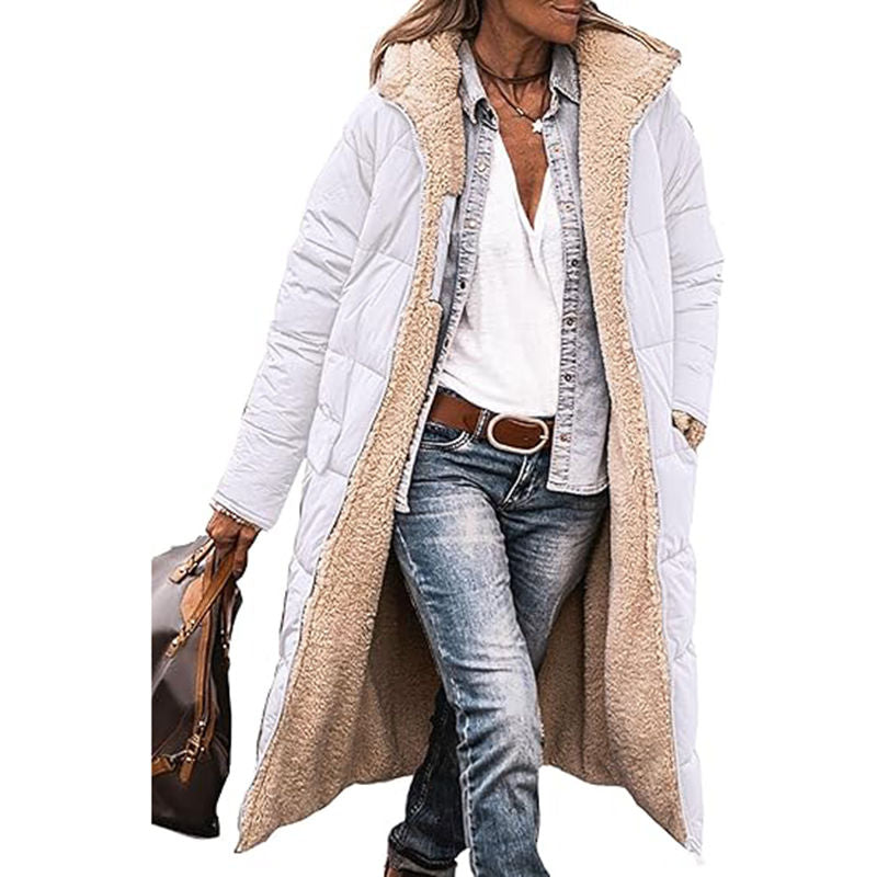 Beakey Womens Long Coats with Hood Fleece Lining Oversized Jackets-White