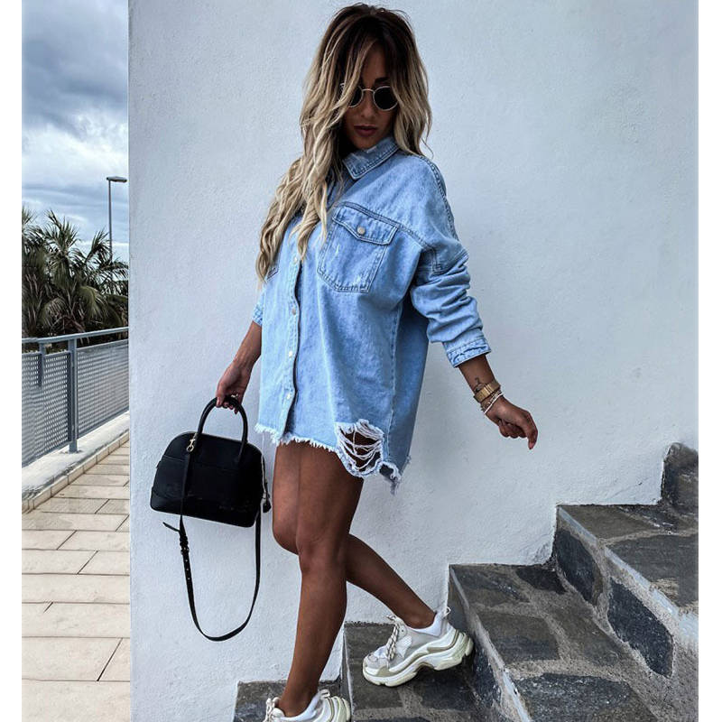 Beakey Women Ripped Denim Jacket Boyfriend Mid Long Trucker Coat-LightBlue