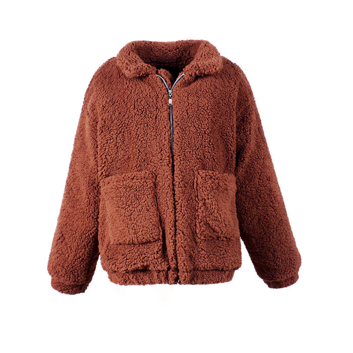 Beakey Women's Lapel Zip Up Coat Faux Shearling Shaggy Oversized  Jacket Warm Winter-Dark Camel-T0647