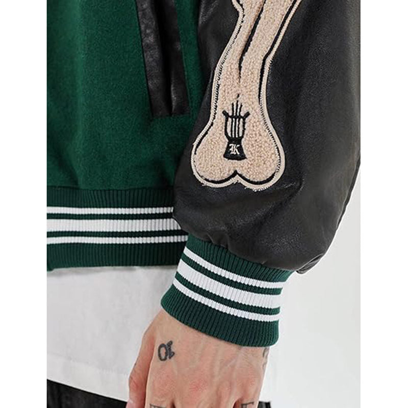Beakey Unisex Varsity Jacket Stitched Leather Oversized Coat with Patch-Green