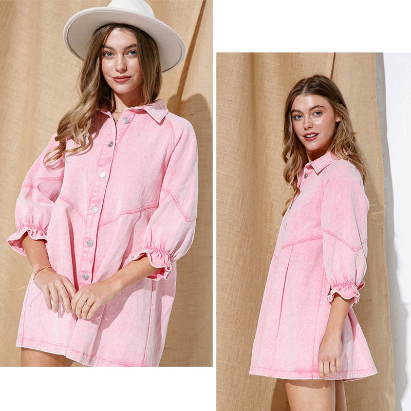 Beakey Denim Shirt Dress for Fall Lantern Sleeve Vintage Loose Babydoll-Pink
