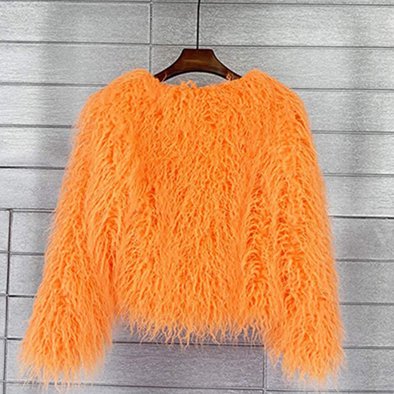 Beakey Womens Shaggy Faux Fur Outwear Short Thermal Coat-Orange