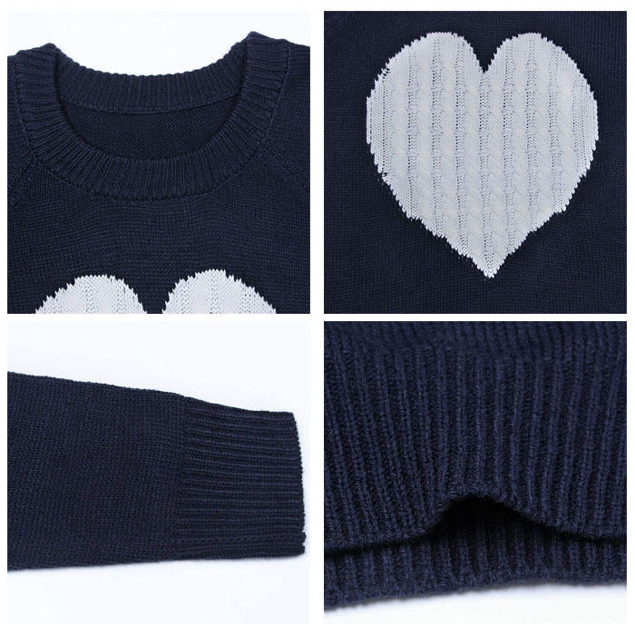 Beakey Women Cute Sweaters Heart Crewneck Long Sleeve Knitted Pullover Sweater-Navy-118004