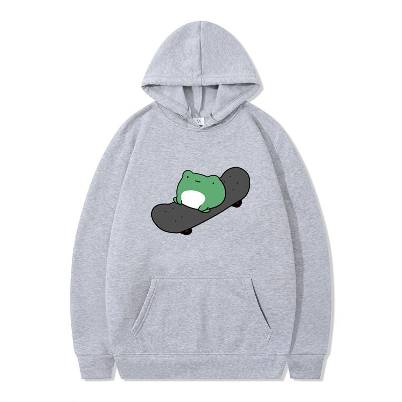 Beakey Womens Cute Hoodie Skateboarding Frog Long Sleeve Pullover-Grey