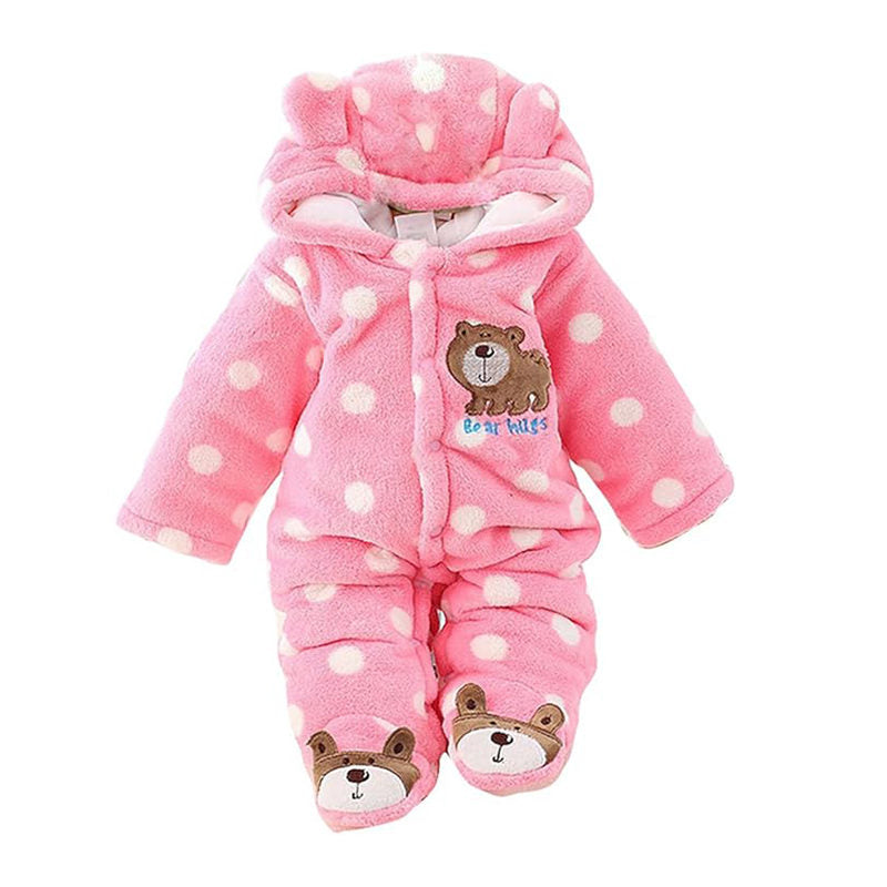 Beakey Newborn Flannel Jumpsuit with Hood Button Down Winter Rompers-Pink Dot