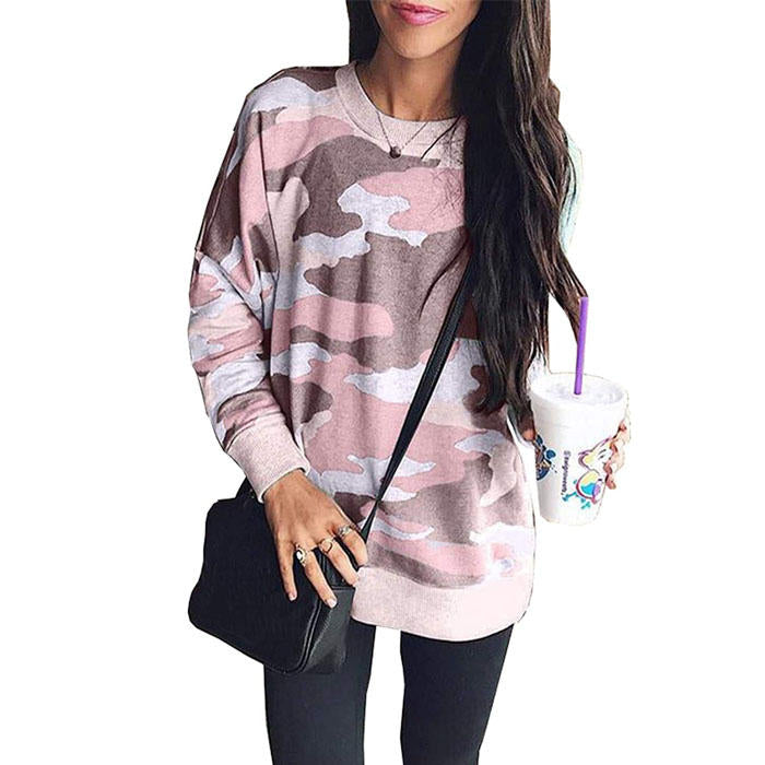 Beakey Womens Sweatshirts Camo Print Crew Neck Long Sleeve Casual TopsPink-202024