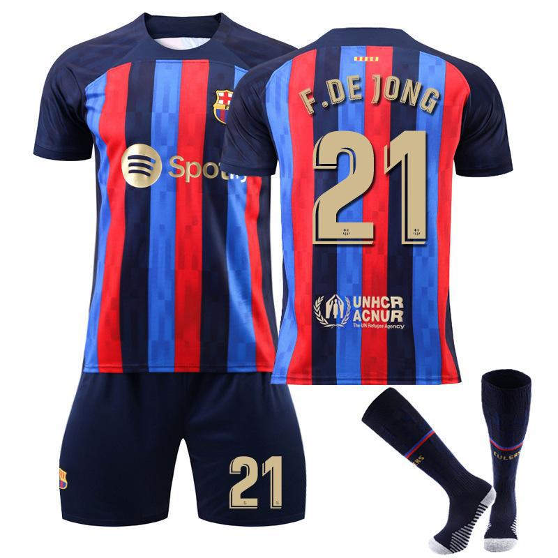 Beakey FC Barcelona Home Jersey 2022-23 F.DEJONG #21 Soccer Jersey Kids Adult 3-Pieces Jersey Kits