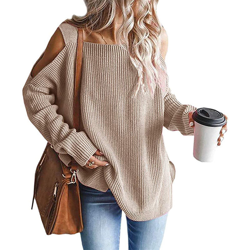 Beakey Womens Off Shoulder Oversized Sweater Fashion Knit Tunic Tops-Khaki