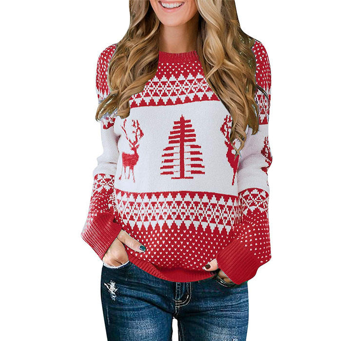 Beakey Women Long Sleeve Christmas Tree Reindeer Holiday Knit Sweater Pullover-Red-CFB0032
