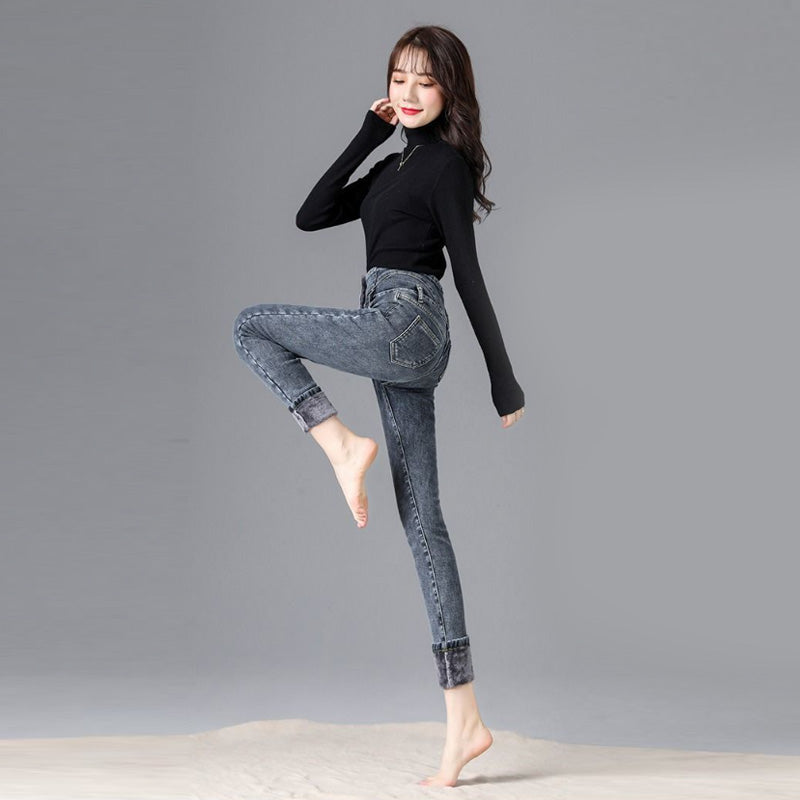 Beakey Womens Fleece Jeans Stretch Slim Fit High Waist Denim Pants-Grey Blue