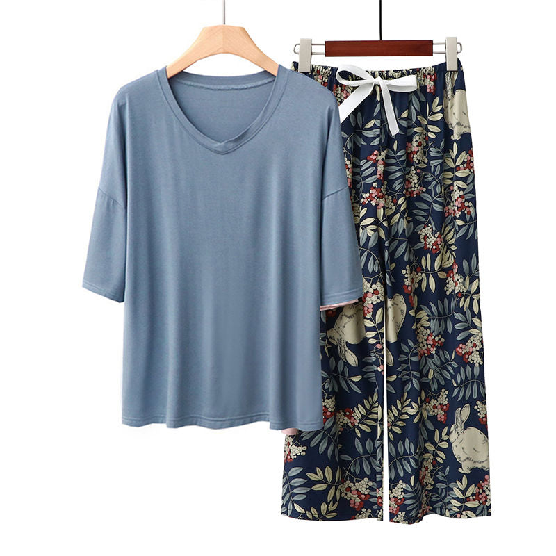 Beakey Womens Pajama Set Print Sleepwear Soft V-Neck Short Sleeve Top With Pants-28