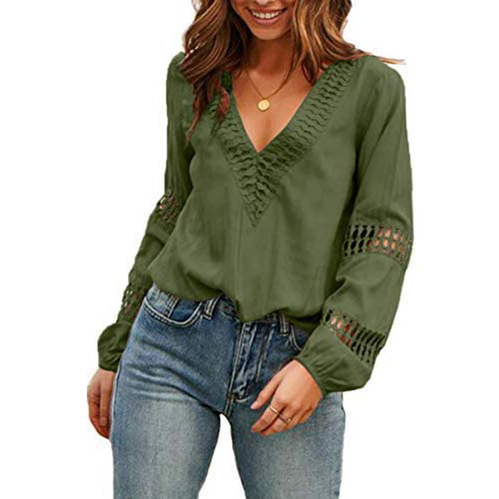 Beakey Womens V Neck Lantern Long Sleeve Blouse Hollow Out Casual Shirts-Green-80082