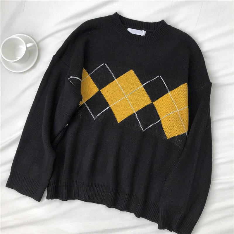 Beakey Women Plaid Sweater Preppy Style Vintage Pullover-Black