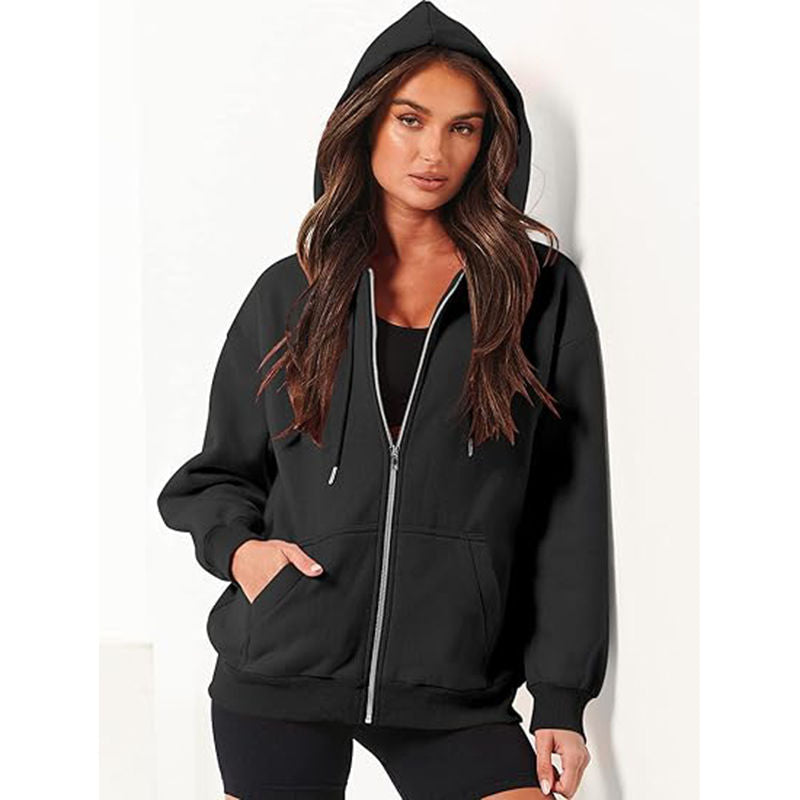 Beakey Womens Zip Up Hoodies with Pockets Y2K Oversized Sweatshirts-Black