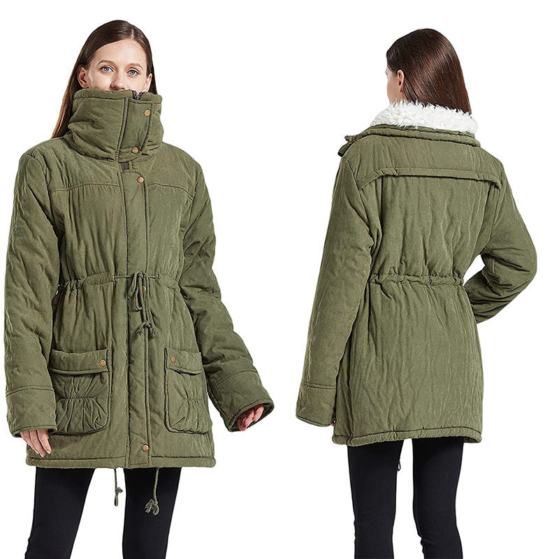 Beakey Women's Mid Length Winter Coat Thickened Warm Lamb Wool Lined Jacket-Army Green