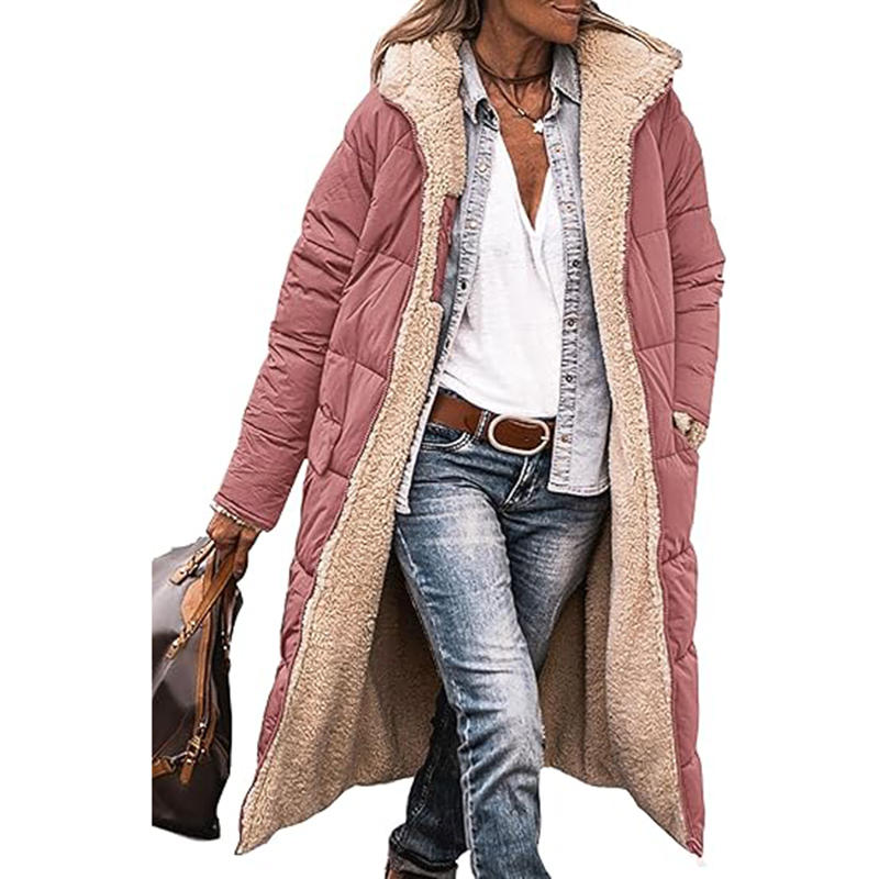 Beakey Womens Long Coats with Hood Fleece Lining Oversized Jackets-Pink