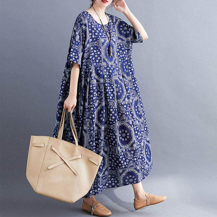 Beakey Casual Cotton Dress Women Linen Print Spliced Round Neck Literature And Art Maxi Dress