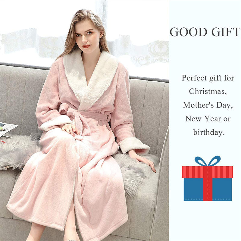 Beakey Womens Winter Robe Soft Plush Warm Spa Long Bathrobe Pajamas-Pink
