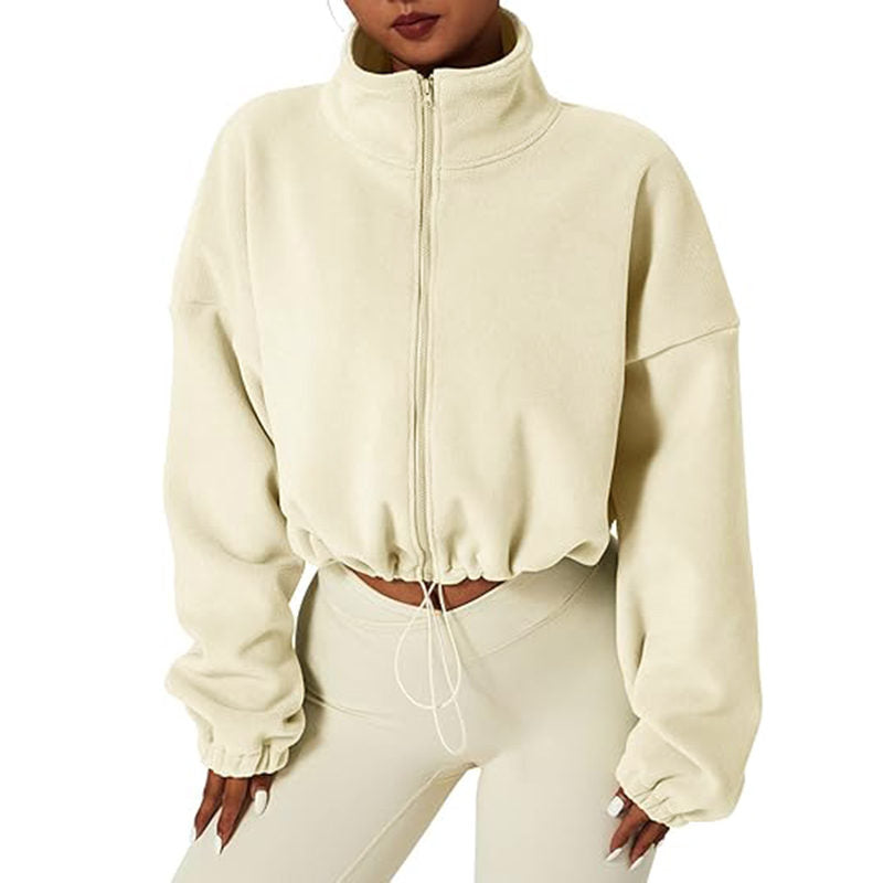 Beakey Womens Fleece Crop Jacket Full Zip Stand Collar Winter Coat-Apricot