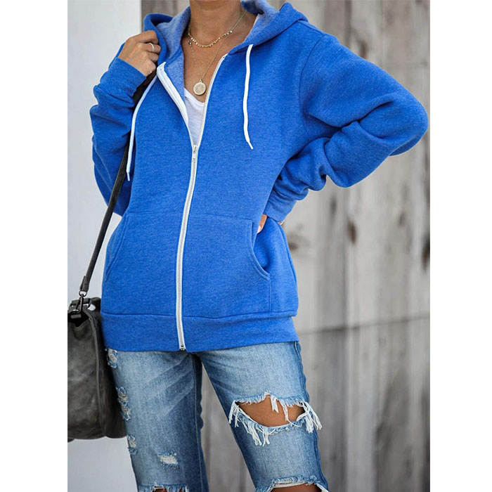 Beakey Womens Solid Color Zip Up Hoodie Long Sleeve Casual Sweatshirts Coat-Blue-7052