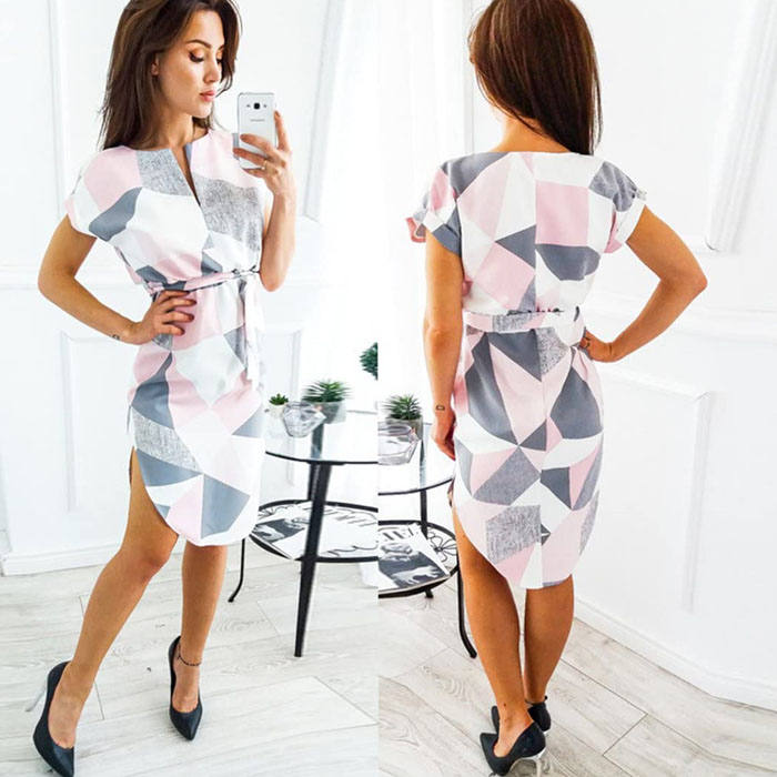 Beakey Womens Sexy Dresses Summer Casual V-Neck Printing Pattern Belted Slim Dress-White