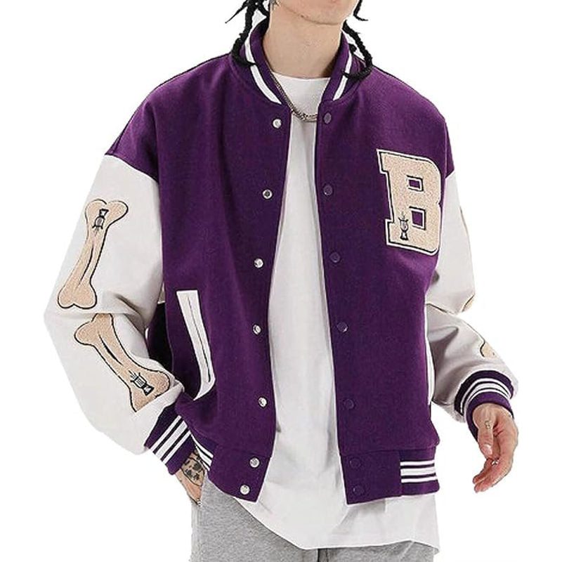 Beakey Unisex Varsity Jacket Stitched Leather Oversized Coat with Patch-Purple