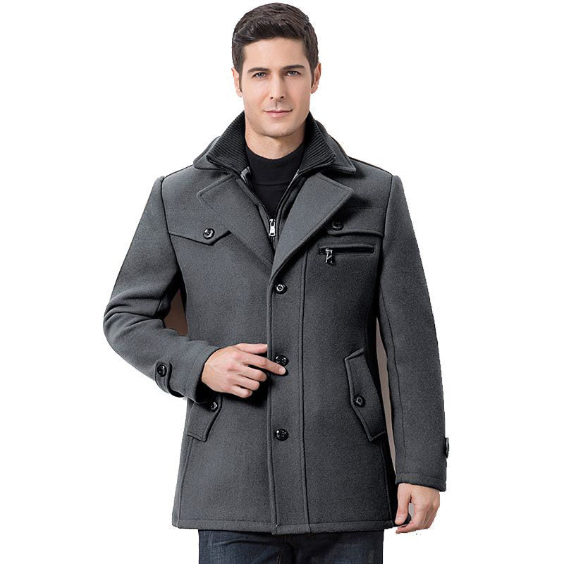 Beakey Mens Pea Coat Wool Blend Single Breasted Overcoat for Winter-Grey