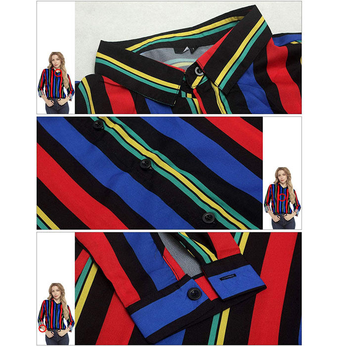 Beakey Women Autumn V Neck Striped Printing Roll up Sleeve Button Down Blouses Top-Blue-623