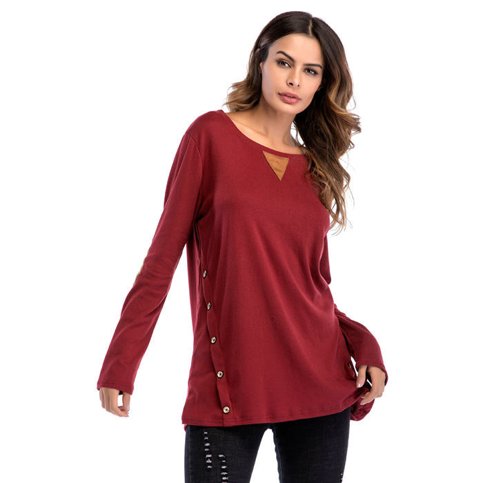 Beakey Women's Long Sleeve Double-breasted Buttons Casual Blouse Tunic Shirt Tops-Wine Red-1025