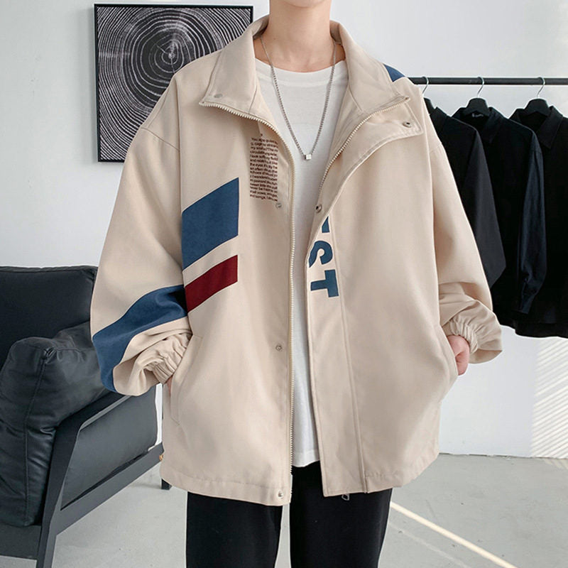 Beakey Mens Harajuku Jacket with Zipper Letter Print Oversized Streetwear