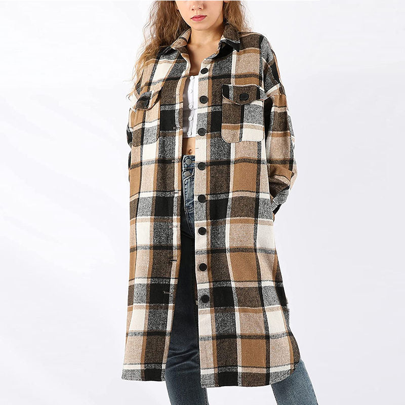 Beakey Womens Casual Plaid Long Coat Lapel Button Down Shirts Jacket-Brown