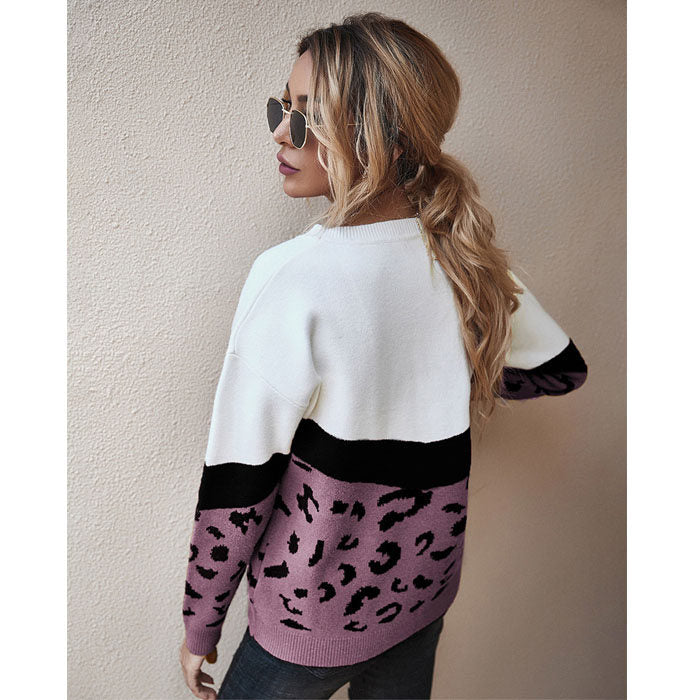 Beakey Women¡¯s Casual Knitted Sweater Leopard Print Color Block Loose Pullover-Purple-K208002